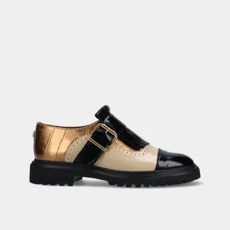 Zapatos MLV con flecos y hebilla en negro, beige y bronce en Alcoy